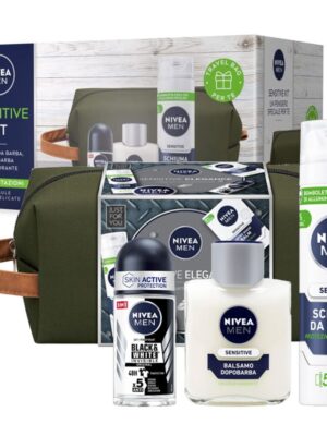 Nivea box sensitive kit deo + balsamo dopobarba + schiuma